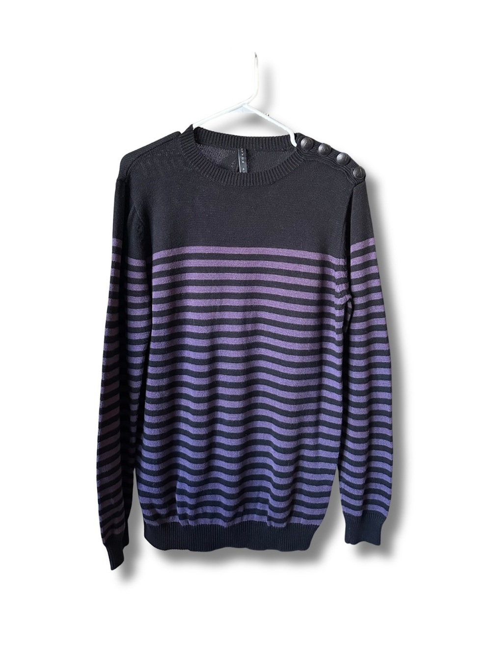 Black Scale Black and Purple Striped Crewneck Sweater with Shoulder Buttons
